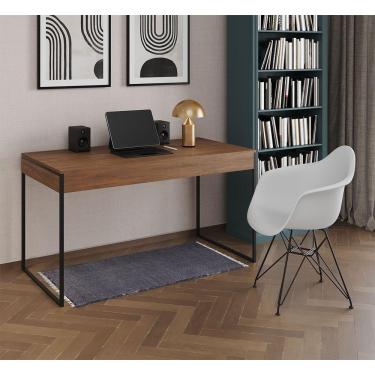 Imagem de Escrivaninha Industrial Office Estudo Malta Amêndoa 137X53Cm Com 1 Poltrona Branca Base Marrom