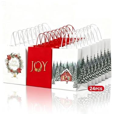 Imagem de KAOTPO Sacos de presente de Natal com alças - 24 sacos grandes de presente Kraft para presentes de Natal, lembrancinhas de festa de fim de ano e suprimentos de decoração - 3 designs (33 x 26 x 14,5 cm