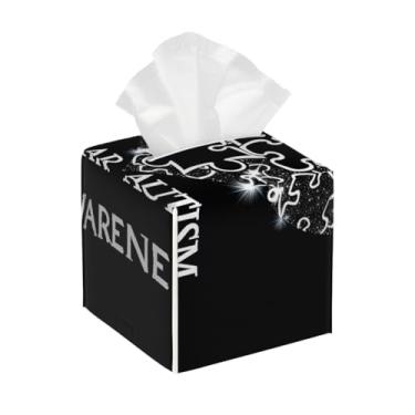 Imagem de Capa quadrada de couro à prova d'água, preto, autismo, coração, coração, organizador de papel facial com cinto inferior, estojo de lenços para mesa, banheiro, escritório, mesa, carro, decorativo