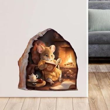 Imagem de Mouse Reading Book in Wall Adesivo 3D 15.0 cm x 12.4 cm Cute Mouse Hole Wall Decalques Adesivos Peel and Stick Kids Room Classroom Bookcase Mural Decor