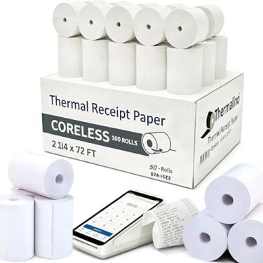 Imagem de (50 rolos) Rolos de papel térmico de 2 1/4 x 22 m (Sem núcleo) – Rolos de papel para máquina de débito sem BPA para impressoras térmicas de recibos de 2 1/4, caixas registradoras, terminal quadrado