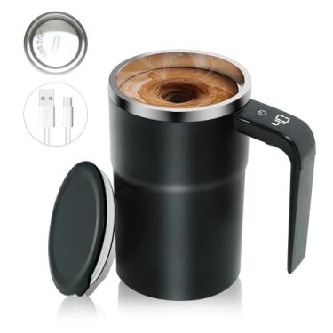 Imagem de Caneca de café com agitação automática de 368 g com alça de LED e tampa à prova de derramamento, copo de mistura magnética automático de aço inoxidável 316 recarregável, presente de toque de Natal