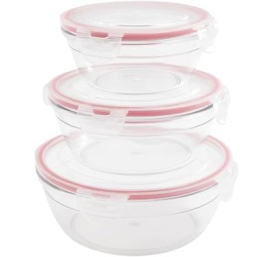 Imagem de Conjunto 3 Potes Herméticos Redondos Multiuso com Tampa, Plástico, Transparente com Detalhe Rosa, 320ml/580ml/1000ml, Livre de BPA, Empilháveis