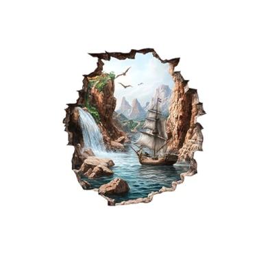 Imagem de MaiKeAYang Decalques de parede 3D murais removíveis vinil paredes decorações montanhas, rios, cachoeiras, cânions, barcos à vela para sala de estar, quartos de bebê, quarto, banheiro, casa, parede