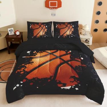 Imagem de BQH Conjunto de edredom de basquete para meninos – 5 peças com estampa de tema de basquete, cama em uma bolsa esportiva para decoração de quarto de crianças, macio e lavável na máquina, ideal para
