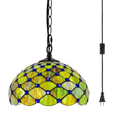 Imagem de GILGGAK Luminária pendente de vitral estilo Tiffany, plugue com 30,5 cm de largura, design perolado de 30,5 cm, corrente de 15 pés, cordão de estar, sala de jantar, quarto, cozinha, escritório em casa