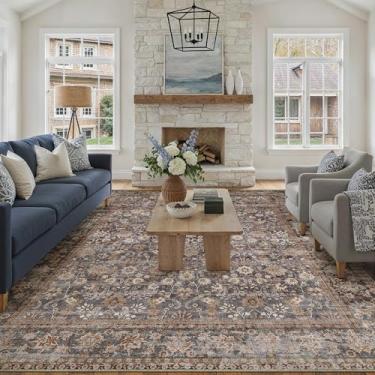 Imagem de HUGEAR Tapetes laváveis à máquina, 25,5 x 35,5 cm, tapete tradicional, marrom, corredor, grande área, tapete floral, tapete de pilha baixa, tapete estético, quarto, sala de estar, escritório, sala de