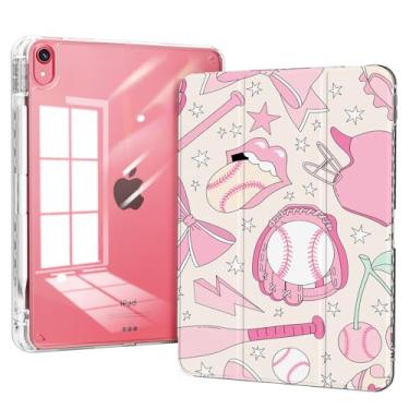 Imagem de Piznernico Capa para iPad 11ª geração A16 Chip 2025, capa fina para iPad 10.9 2025 com suporte para lápis, capa traseira transparente leve protetora, suporte de três dobras, beisebol rosa