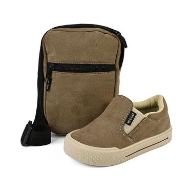 Imagem de Kit Tênis Esportivo Slip On Infantil Menino Com Bolsa Iate Calce Fácil Taupe Mzkid-Masculino