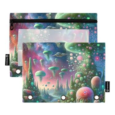 Imagem de GAIGEO Bolsa de lápis com estampa fofa para fichário com 3 anéis Fairyland Cogumelo Zíper Bolsas de lápis escolares transparentes para fichários transparentes 25 x 18 cm, 2 pacotes