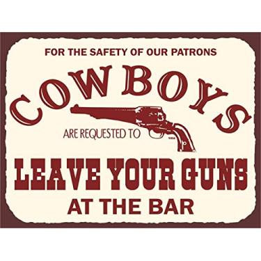 Imagem de Placas de latão retrô Cowboy Leave Your Gun at The Bar Poster placa de metal decoração de parede retro bar casa bar pub decoração de café vintage, 20 x 30 cm