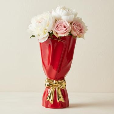 Imagem de WLGRANJIA Vaso de cerâmica com laço vermelho e dourado - vasos de flores para decoração de casa, decoração de laço, estilo boho, vasos de flores de 24 cm para buquê, vaso grande para decoração de