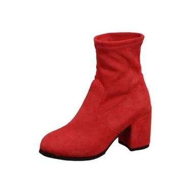 Imagem de Botas curtas modernas plus size para mulheres inverno casual confortável bico redondo sólido salto médio botas cano médio, Vermelho, 38
