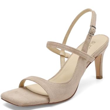 Imagem de SLXCHBSL Sandálias femininas de salto agulha quadradas, bico aberto, salto alto fino de 7,6 cm, tira no tornozelo, salto elegante para festa de casamento, formatura ou uso diário, Damasco, 39