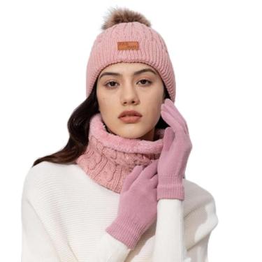 Imagem de Chapéus, cachecóis e luvas de malha de 3 peças: acessórios de malha quentes de inverno adequados para atividades ao ar livre., rosa, Tamanho Único