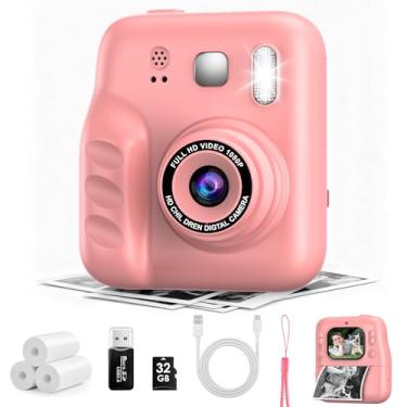 Imagem de Câmera de impressão instantânea infantil, HD 1080p, impressão instantânea, inclui cartão SD de 32 GB, adaptador e 4 rolos de papel, presente de Natal ou aniversário para meninas e meninos de 3 a 12