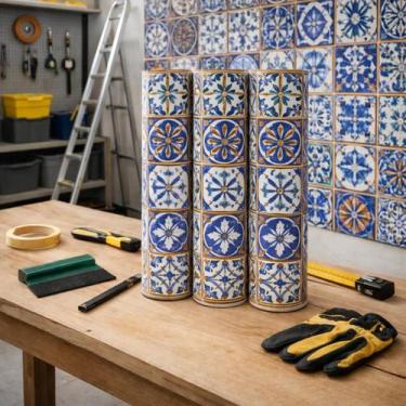 Imagem de Kit 3 Papel de Parede Adesivo Azulejo Português 45cm x 5m - Casita