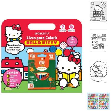Imagem de Livro para Colorir Infantil Leo & Leo Hello Kitty com Adesivos e Lápis de Cor Kit com 16 Ilustrações