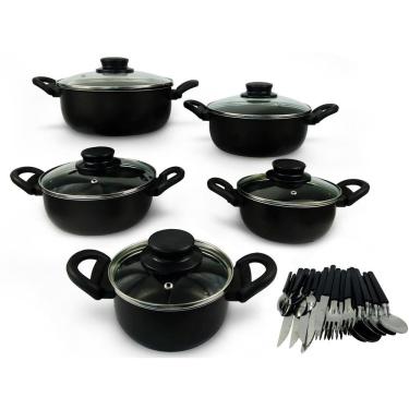 Imagem de Conjunto De Caçarola 5 Peças Para Sua Cozinha Antiaderente Com Tampa de Vidro  e Talheres