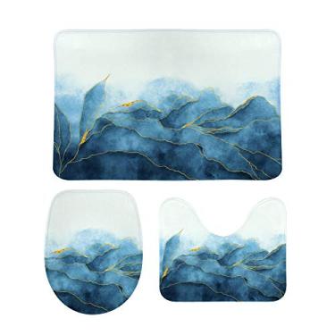 Imagem de My Daily Conjunto de 3 peças de tapete de banheiro azul dourado mármore aquarela arte contorno tapete de contorno para tampa de vaso sanitário antiderrapante tapete de banheiro