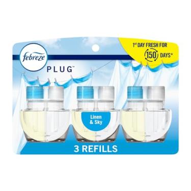 Imagem de Febreze Purificador de ar plugue, refil de óleo perfumado que combate o odor, purificadores de ar para casa, banheiro e cozinha, longa duração para odores fortes, perfume de linho e céu, refis de 25 g