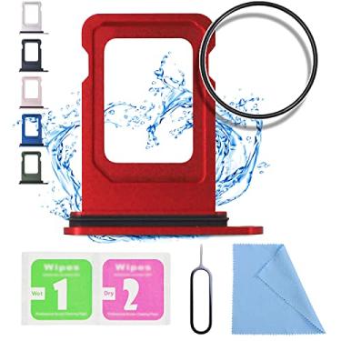 Imagem de ASDAWN Substituição para iPhone 13 Suporte de bandeja para cartão SIM compatível com iPhone 13 Slot para bandeja de cartão SIM à prova d'água anel de borracha e pino SIM (versão SIM único) (vermelho)
