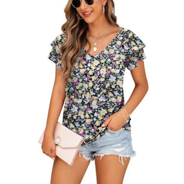 Imagem de FREEOAK Camisetas femininas de verão com manga de renda dupla e gola V solta casual, Z - flor amarela, G