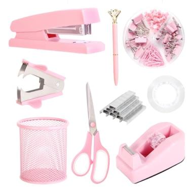 Imagem de Acessórios de mesa rosa, conjunto de material de escritório rosa com grampeador, dispensador de fita, removedor de grampo, suporte de caneta, tesoura, fichário/clipes de papel, caneta esferográfica,