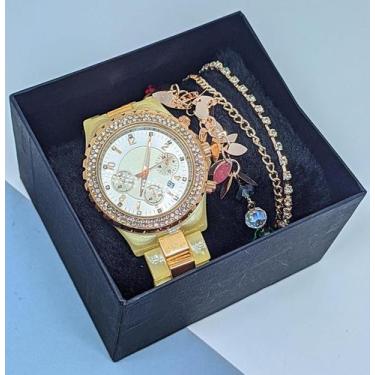 Imagem de Kit Conjunto Relógio Feminino Redondo Strass Pedras Zircônias Quartz L