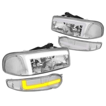 Imagem de PM PERFORMOTOR Faróis de projetor de luz LED em forma de C de canto cromado compatíveis com 02-06 GMC Sierra 1500 Denali / 2001 Sierra C3 / 2007 Sierra Denali, PMHL-DENALI-0106-LB3-CC