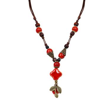 Imagem de MINACHI Colar longo de contas de cerâmica coloridas Lariat de folha, boho hippie joias vintage presentes para mulheres, Zinco, Sem Pedra Preciosa