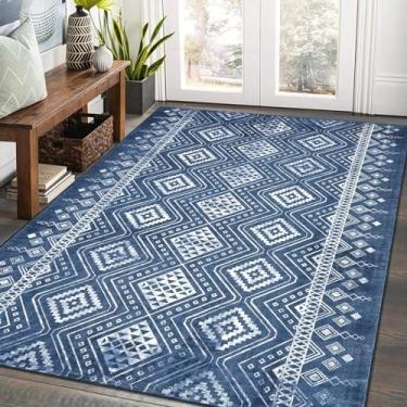 Imagem de WESTLOOM Tapete lavável 22,5 x 30,5 cm, moderno, geométrico, antiderrapante, tapete de área grande, tapete de casa de fazenda de pilha baixa, tapete de chão para sala de estar, quartos, azul-marinho