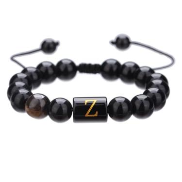 Imagem de RINTOLER Pulseiras masculinas com contas iniciais feitas à mão 10 mm natural ônix preto olho de tigre pulseira de corda trançada ajustável., Adjustable, Pedra, Olho de tigre