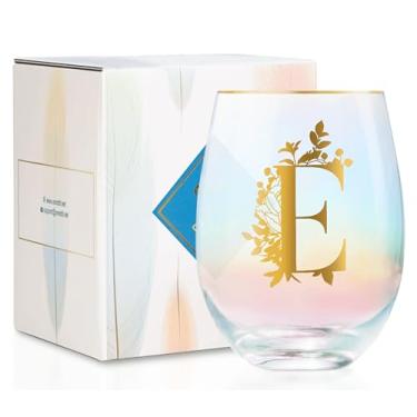 Imagem de Onebttl Presentes de vinho personalizados para mulheres, taça de vinho sem haste fofa com iniciais, presentes de monograma para amantes de vinho em aniversários de Natal, E
