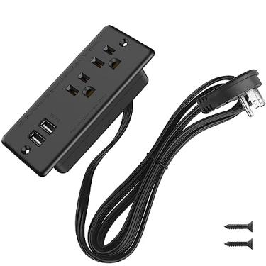 Imagem de Tomada plana de tomada embutida, tomada de mesa com USB, tomada embutida para conferência ETL com 2 plugues CA, 2 portas USB conectadas com cabo de alimentação de 3 m para móveis, casa, escritório (preto)