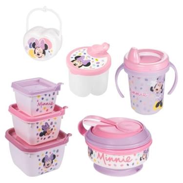 Imagem de Kit Infantil 5 peças Minnie Baby: Porta Papinha com Amassador e Colher, Porta Chupeta com Alça, Porta Leite em Pó para 3 doses, Conjunto com 3 Potes e Caneca com Bico e alça - Licenciado Disney