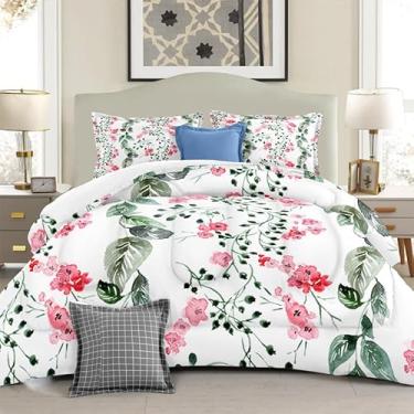 Imagem de Yilinata Conjunto de edredom floral de primavera, folhas verdes e flores rosa, conjunto de cama com 1 edredom e 2 travesseiros para quarto, dormitório, todas as estações, King 264 x 228 cm