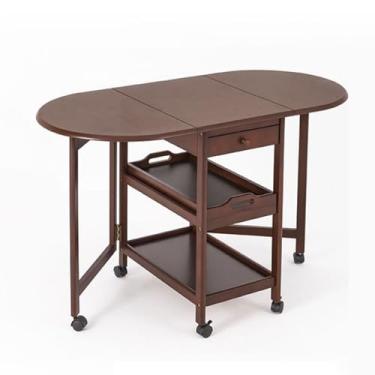 Imagem de Mesa de jantar dobrável extensível com gavetas e 6 rodas para sala de estar, cozinha, fazenda, mesa de economia de espaço em madeira de borracha maciça