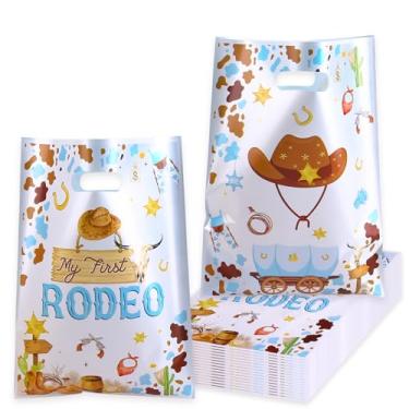 Imagem de 100 peças de saco de presente de cowboy com alças, sacos de plástico ocidentais para meninos, lembrancinhas de festa My First Rodeo para aniversário, chá de bebê, suprimentos de festa