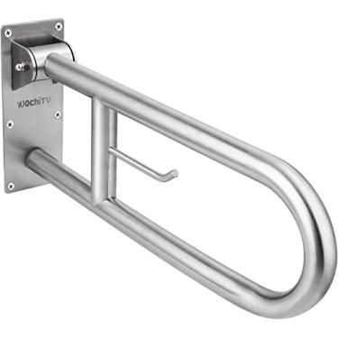 Imagem de Trilhos de segurança de vaso sanitário de aço inoxidável de 23,6 polegadas, barras de apoio WochiTV Handicap para idosos, barra de aço dobrável para banheiro com suporte de papel, braços de vaso