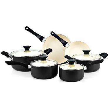 Imagem de Cook N Home Conjunto de panelas e frigideiras antiaderentes, conjuntos de panelas de cerâmica de 10 peças, conjunto de cozinha antiaderente com panelas, frigideiras, panela de forno holandês com tampas, preto