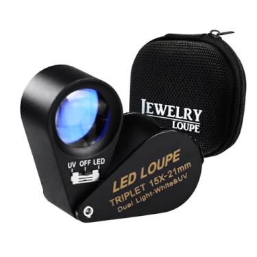 Imagem de Lupa de vidro óptico de 15 x 21 mm Lupa 6 LED e Amplificador UV Joalheiro Bolso dobrável Moldura preta Acromatic Aplanatic Lente tripla Ampliação de joia de joia (15 x Ampliação)
