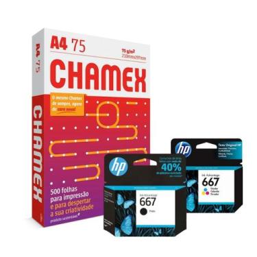 Imagem de Kit 2 Cartucho HP 667 Preto e Colorido + Resma de Papel Sulfite A4 Cha