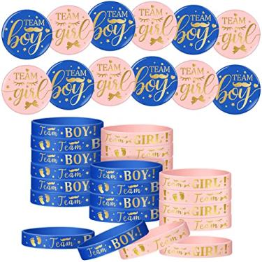 Imagem de Conjunto de 48 peças de revelação de gênero, inclui 24 broches de revelação de gênero, 24 pulseiras de silicone para revelação de gênero, azul marinho e ouro rosa Team Girl Boy para chá de bebê, artigos de festa
