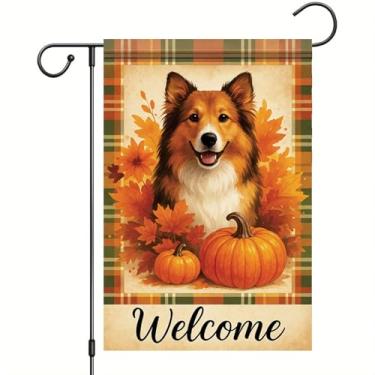 Imagem de Starlit Patio Bandeira de jardim de outono de ação de graças Shetland Sheepdog bandeira 30,5 x 45,7 cm dupla face folha de abóbora xadrez quintal banner outono decoração ao ar livre para varanda