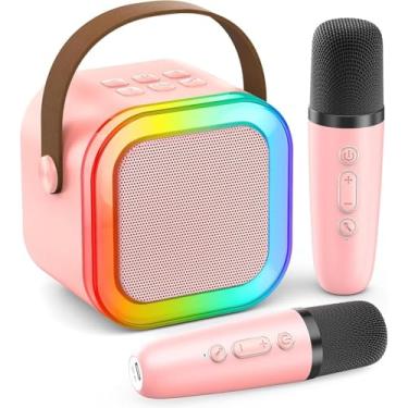 Imagem de Máquina de Karaokê Infantil e Adulto com 2 Microfones Sem Fio – Ideal para Meninas e Meninos, Bluetooth, Portátil e Colorida (Rosa)