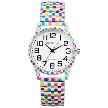 Imagem de JewelryWe Relógios femininos com pulseira elástica: relógio de pulso analógico de quartzo elástico casual boêmio com pulseira de expansão floral, F, relógios elásticos