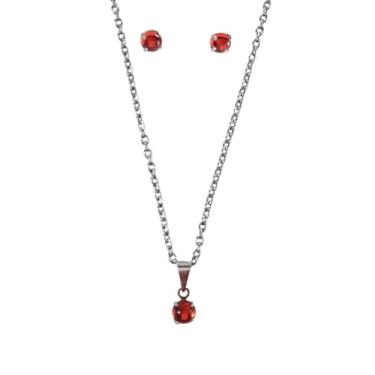 Imagem de Conjunto Feminino Colar e Brinco Aço Inox com Ponto de Luz Pedra da Lua Cores Rosa, Azul, Verde e Vermelho Antialérgico (Vermelho)