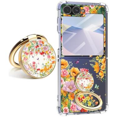 Imagem de Dcwunk Capa para Samsung Galaxy Z Flip 7 fe, Clear Z Flip 6 com flores, fina, antiamarela, rígida, protetora de policarbonato TPU macio, à prova de choque (vitalidade de verão com suporte)