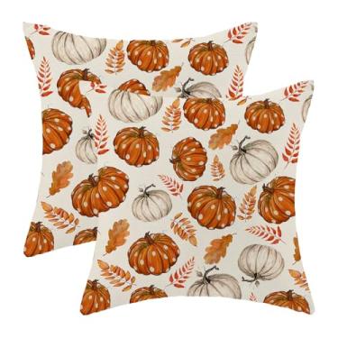 Imagem de Capas de almofada de outono 50 x 50 cm conjunto de 2 fronhas de almofada de abóbora branca laranja queimada com bolinhas, decoração de casa de fazenda, decoração de lavoura, capa de almofada para